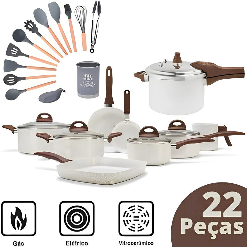 KIT COMPLETO: 33 PEÇAS - Antiaderentes Ceramic Premium C/ Panela de Pressão + Faqueiro