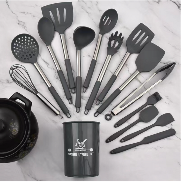 Kit Jogo Completo de Cozinha Silicone 15 Peças Utensílios Deluxe Cabo De Inox