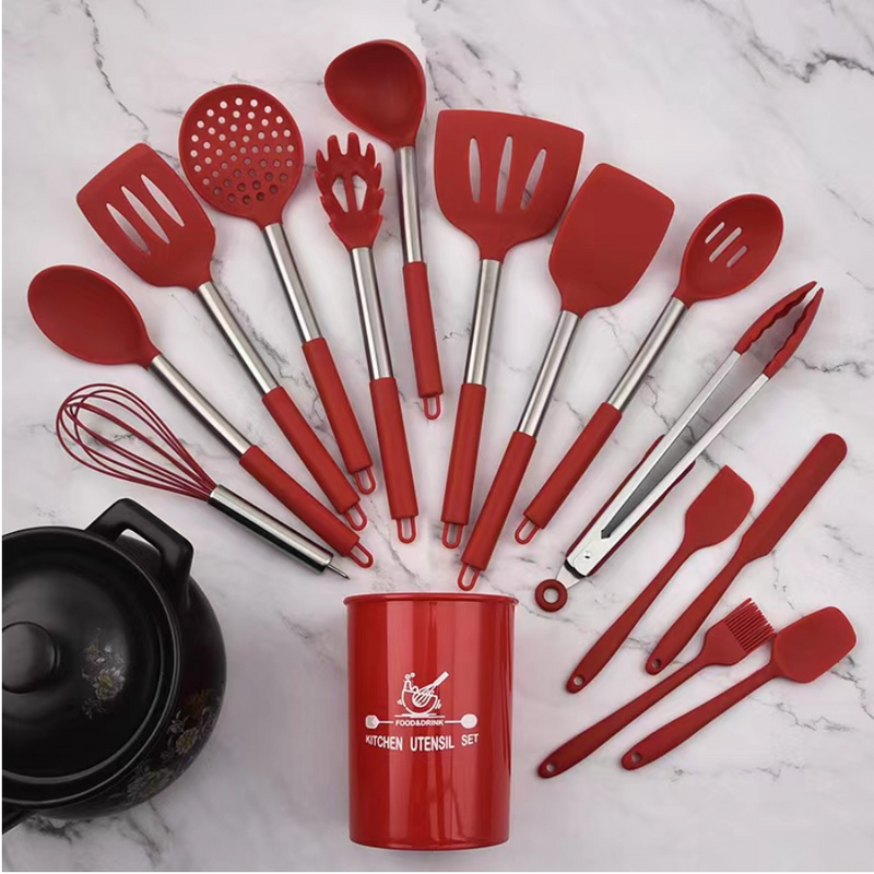 Jogo de Cozinha Completo Kit Silicone 15 Peças Utensílios Deluxe Cabo De Inox - G