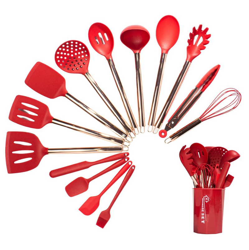 Jogo de Cozinha Completo Kit Silicone 15 Peças Utensílios Deluxe Cabo De Inox - G