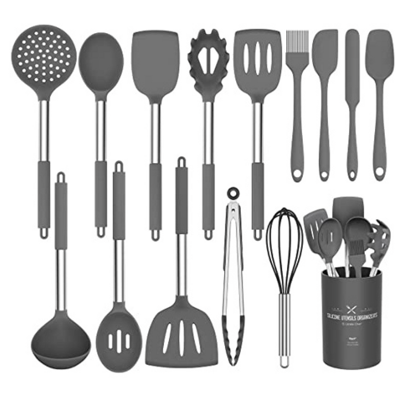 Kit Jogo Completo de Cozinha Silicone 15 Peças Utensílios Deluxe Cabo De Inox