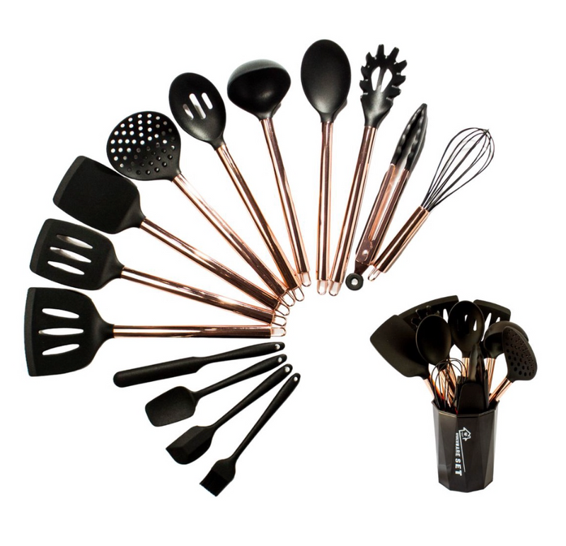 Jogo de Cozinha Completo Kit Silicone 15 Peças Utensílios Deluxe Cabo De Inox - G