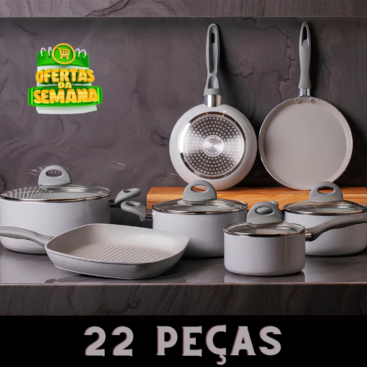 KIT COMPLETO: 33 PEÇAS - Antiaderentes Ceramic Premium C/ Panela de Pressão + Faqueiro