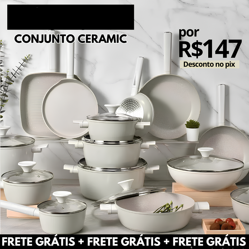 KIT COMPLETO: 33 PEÇAS - Antiaderentes Ceramic Premium C/ Panela de Pressão + Faqueiro