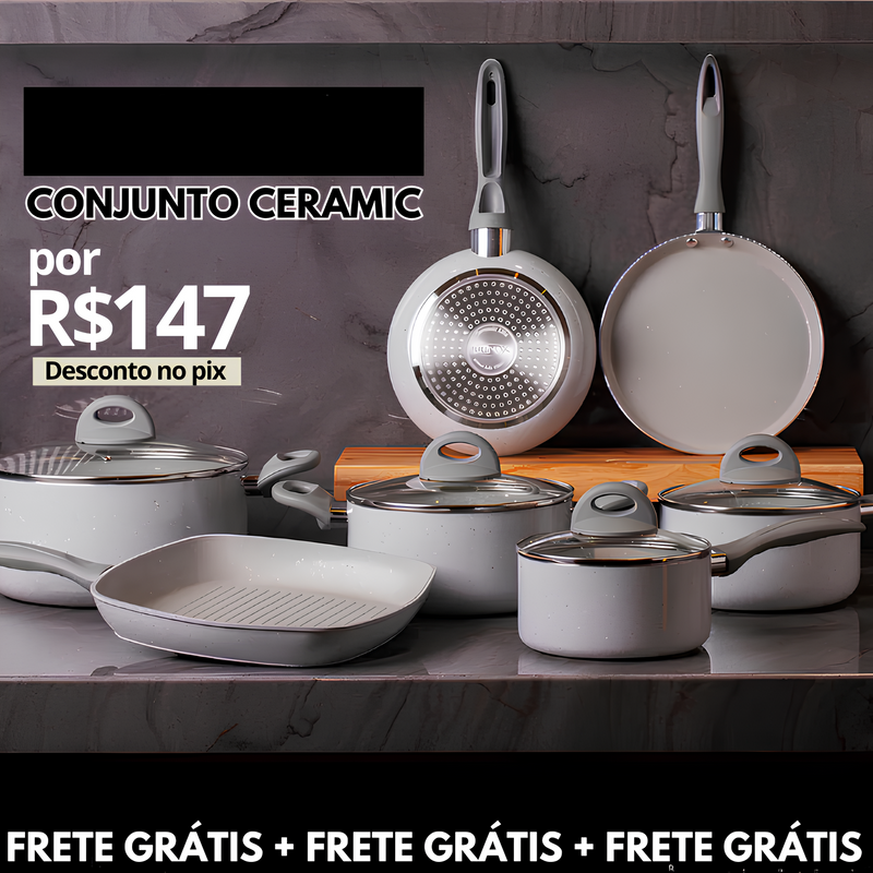 KIT COMPLETO: 33 PEÇAS - Antiaderentes Ceramic Premium C/ Panela de Pressão + Faqueiro