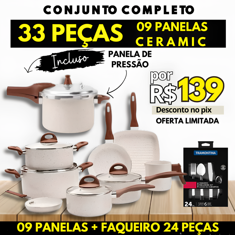 KIT COMPLETO: 33 PEÇAS - Antiaderentes Ceramic Premium C/ Panela de Pressão + Faqueiro