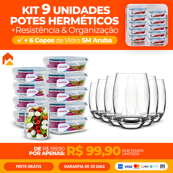 Kit com 9 Potes Herméticos de Vidro + 6 Copos de Vidro Aruba