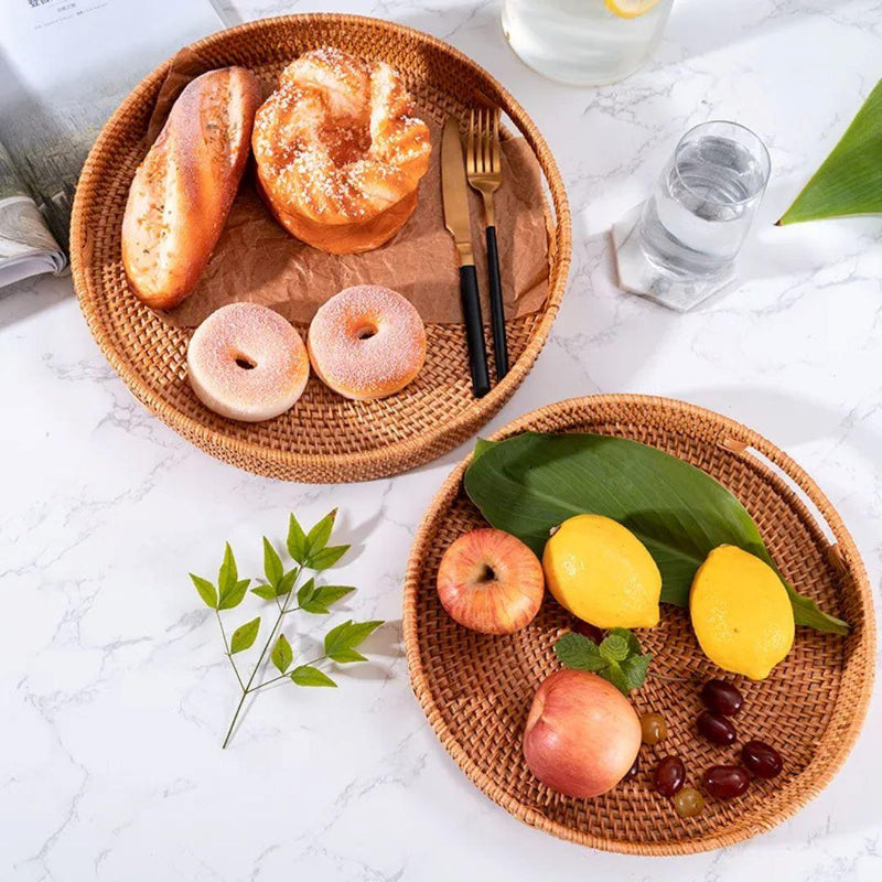 Cesta de Frutas de Vime Redonda com Alça de Madeira - Bandeja de Servir de Estilo Étnico